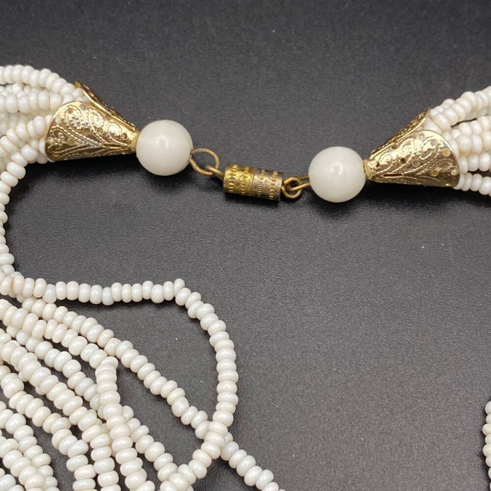 White Seed Bead Multi Strand Necklace Gold Tone Filigree Caps Glass 32" Vtg READ - Picture 6 of 8
